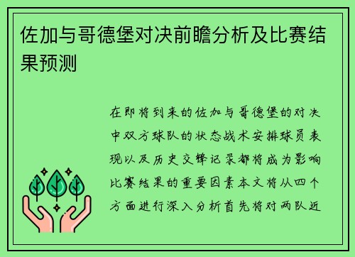 佐加与哥德堡对决前瞻分析及比赛结果预测